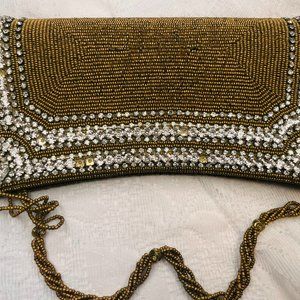 Vintage Beaded Gold Clutch – 1980s – Rhinestone Accents – Handmade Evening Bag